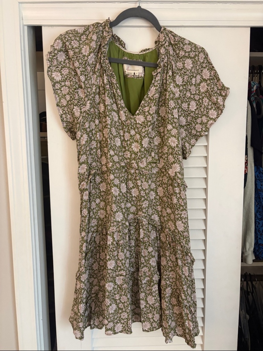 Anthropologie Olive Green Floral Trim Dress